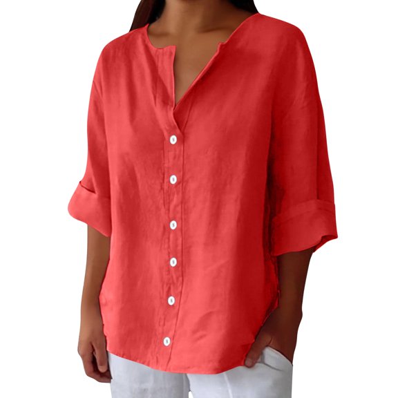 Endives Linen Shirts For Women Summer Cotton Linen V Neck 3/4 Sleeve Tops Loose Vacation Beach Solid Blouses Tunic Tops