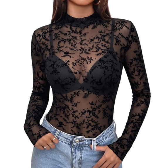 Endives Long Sleeve Shirts for Women Mesh Tops Sheer Bodycon See Through Blouse Trendy Casual Top M