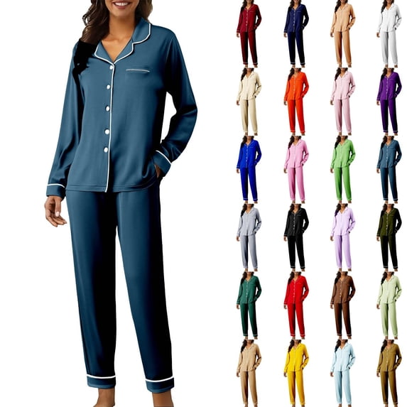 Endives Pajama Sets For Women Long Sleeve Button Down Shirt and Pant Sleepwear Loungewear Soft 2 Piece Pajamas Set Womens Sleepwear Lounge Set for Women Blue M