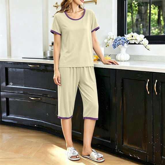 Endives Pajamas Set for Women Round Neck Short Sleeve Tshirt and Crop Pant Pajama Set Lightweight Summer Loose Fit Plus Size Leisure Nightwear Lounge Sets for Women