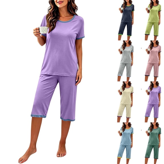 Endives Pajamas Set for Women Round Neck Short Sleeve Tshirt and Crop Pant Pajama Set Lightweight Summer Loose Fit Plus Size Leisure Nightwear Lounge Sets for Women