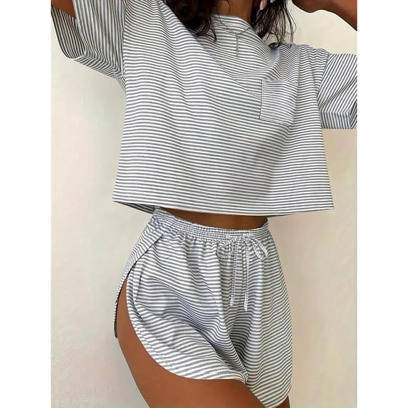 Endives Pajamas Set for Women Side Split Short Sets Cute Striped Crop Top and Short 2 Piece Comfy Loungewear Summer Lounge Sets for Women
