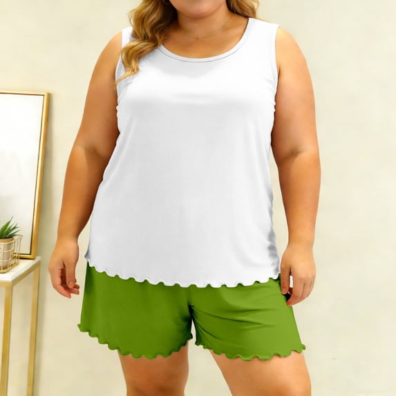 Endives Plus Size Women's Summer Two-Piece Pajama Set Lightweight Ruffled Sleeveless Tank Top and Shorts Matching Pajamas Set for Women Sleepwear Loungewear Home Clothing White M