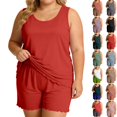 thumbnail image 1 of Endives Plus Size Women's Summer Two-Piece Pajama Set Lightweight Ruffled Sleeveless Tank Top and Shorts Matching Pajamas Set for Women Sleepwear Loungewear Home Clothing Brick Red M, 1 of 2