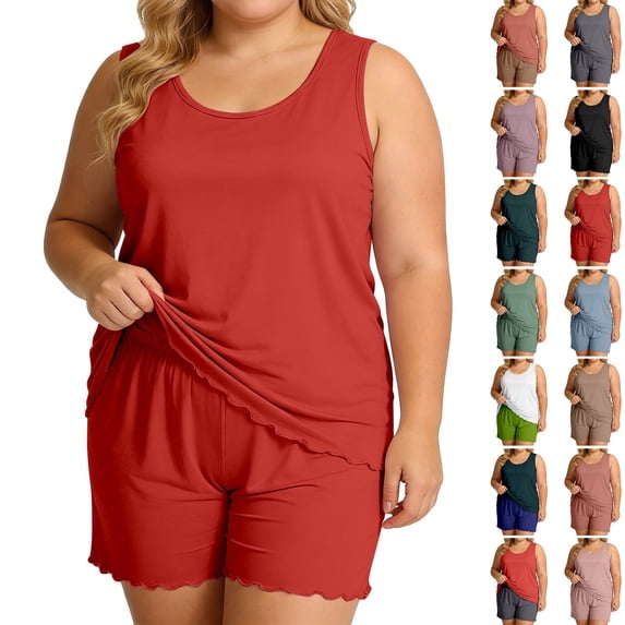 Endives Plus Size Women's Summer Two-Piece Pajama Set Lightweight Ruffled Sleeveless Tank Top and Shorts Matching Pajamas Set for Women Sleepwear Loungewear Home Clothing Brick Red M