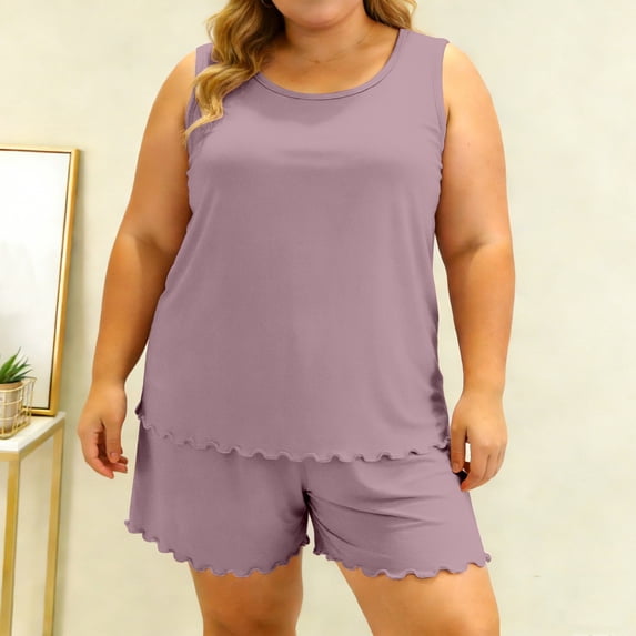 Endives Plus Size Women's Summer Two-Piece Pajama Set Lightweight Ruffled Sleeveless Tank Top and Shorts Matching Pajamas Set for Women Sleepwear Loungewear Home Clothing Light Violet L