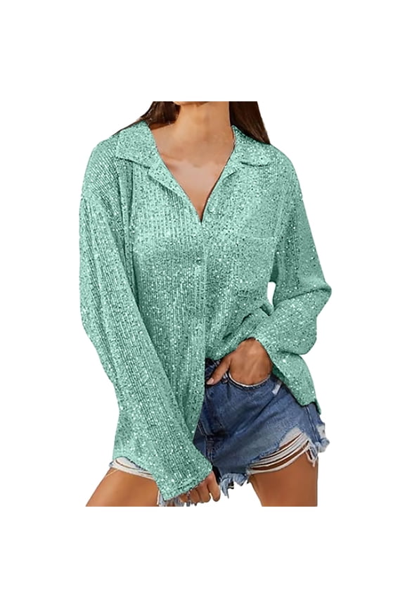 Sequin Button Down Shirt Long Sleeve Glitter Sequin Top Sparkle Top Blouse with Pocket Shirts for Women