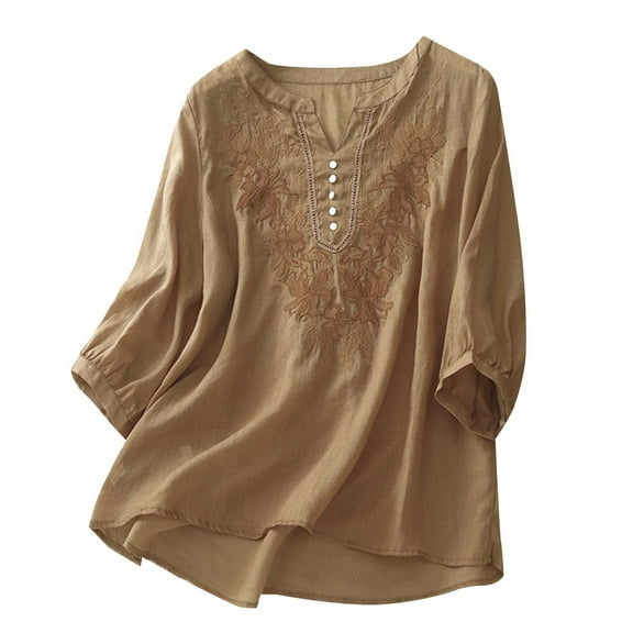 Endives Shirts for Women Embroidered Tops Floral Cotton Linen Tunic T shirt Tee Women 3/4 Sleeve V Neck Button Boho Ethnic