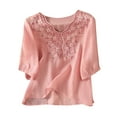 thumbnail image 1 of Endives Shirts for Women Embroidered Tops Floral Cotton Linen Tunic T shirt Tee Women 3/4 Sleeve V Neck Button Boho Ethnic, 1 of 4