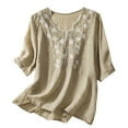 thumbnail image 1 of Endives Shirts for Women Embroidered Tops Floral Cotton Linen Tunic T shirt Tee Women 3/4 Sleeve V Neck Button Boho Ethnic, 1 of 3