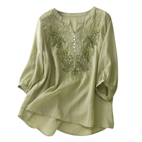 Endives Shirts for Women Embroidered Tops Floral Cotton Linen Tunic T shirt Tee Women 3/4 Sleeve V Neck Button Boho Ethnic