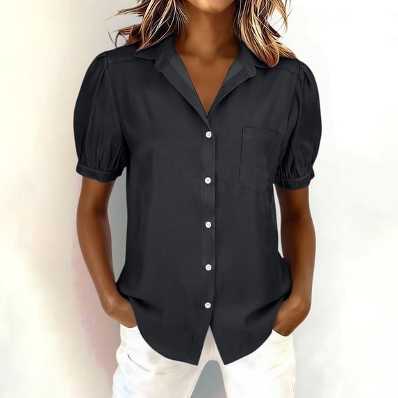 Endives Short Sleeve Shirt For Women Casual Washed Distressed Puff Sleeve Button Down Shirts Dressy Blouse Business Shirt Work Tops Black