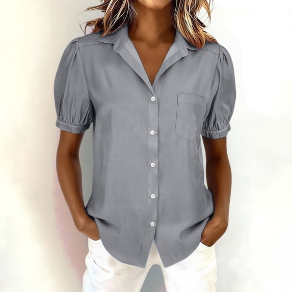 Endives Short Sleeve Shirt For Women Casual Washed Distressed Puff Sleeve Button Down Shirts Dressy Blouse Business Shirt Work Tops Grey