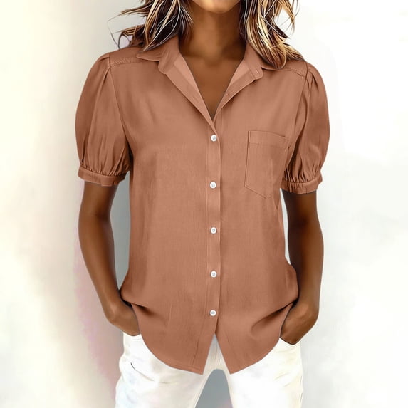 Endives Short Sleeve Shirt For Women Casual Washed Distressed Puff Sleeve Button Down Shirts Dressy Blouse Business Shirt Work Tops Orange