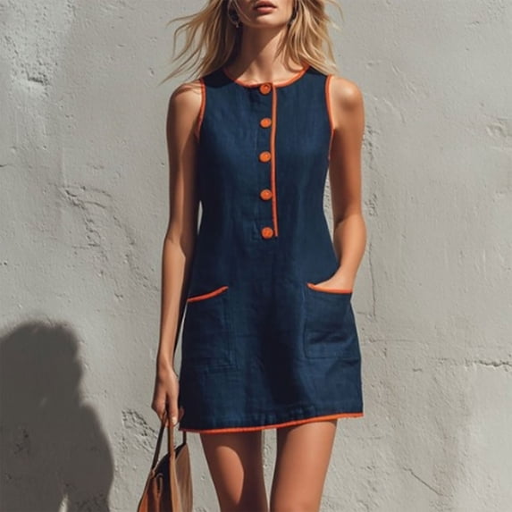Endives Summer Dresses for Women Casual Button Front Mini Dress Sleeveless Round Neck Retro Dresses Comfy Trendy Summer Shift Dress with Pockets Midi Dresses for Women Navy M