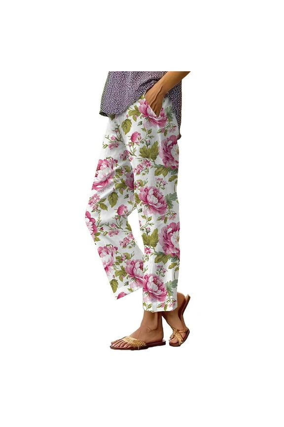 Summer Linen Pants For Women Loose Palazzo Pants Floral Pants With Pockets Wide Leg Boho Pants