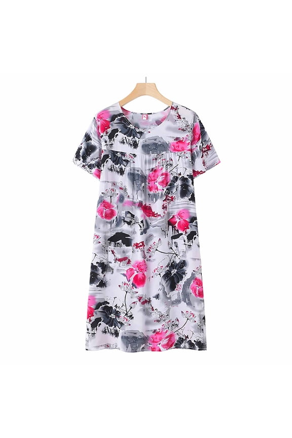 Summer Women's Nightgowns Cotton Silk Short Sleeved Sleep Dress New Loose Fitting Home Wear Elderly Sleepwear Plus Size Dress
