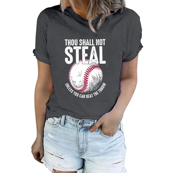 Endives Thou Shall Not Steal Unless You Can Beat The Throw Women's Letter Baseball Love Print Round Neck Short Sleeve T Shirt Top