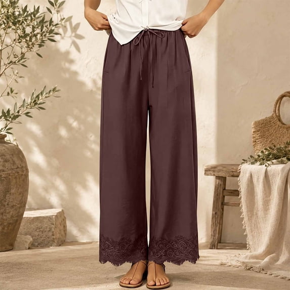 Endives Wide Leg Pants for Women Lace Trim Summer Casual Cropped Elastic Waist Lightweight Palazzo Pants With Pockets Boho Style Flowy Pants for Women