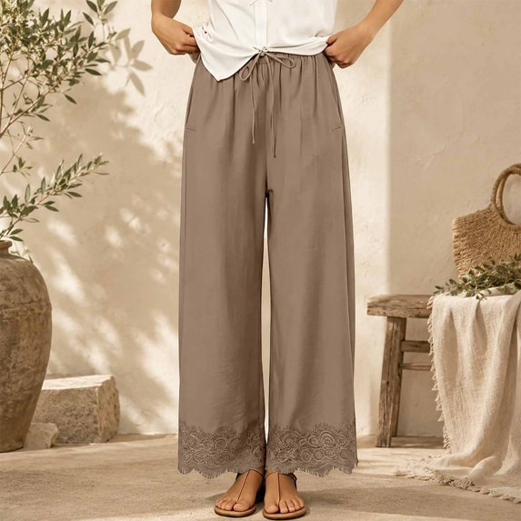Endives Wide Leg Pants for Women Lace Trim Summer Casual Cropped Elastic Waist Lightweight Palazzo Pants With Pockets Boho Style Flowy Pants for Women