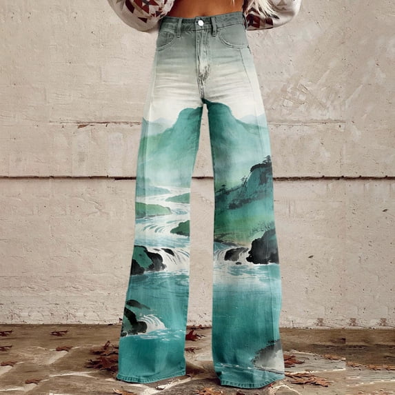 Endives Wide Leg Pants for Woman Landscape Painting Printed Elastic High Waist Pants Lightweight Casual Pant Spring Trendy MG1