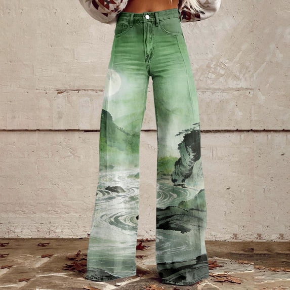 Endives Wide Leg Pants for Woman Landscape Painting Printed Elastic High Waist Pants Lightweight Casual Pant Spring Trendy Mint Green