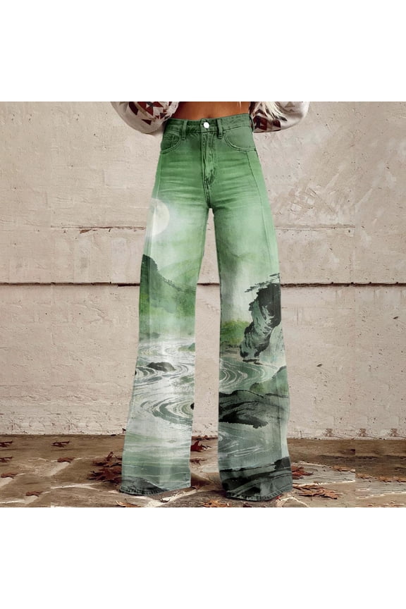 Wide Leg Pants for Woman Landscape Painting Printed Elastic High Waist Pants Lightweight Casual Pant Spring Trendy Mint Green