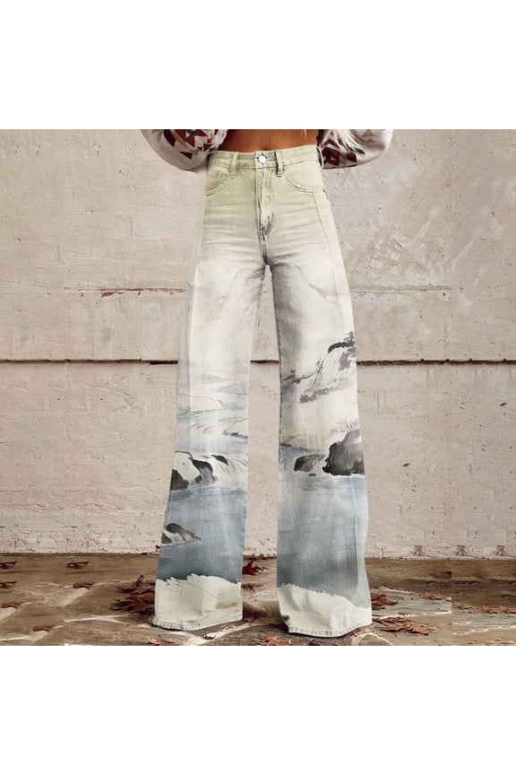 Wide Leg Pants for Woman Landscape Painting Printed Elastic High Waist Pants Lightweight Casual Pant Spring Trendy White
