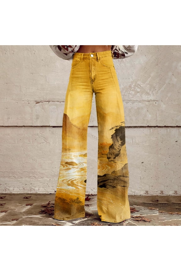 Wide Leg Pants for Woman Landscape Painting Printed Elastic High Waist Pants Lightweight Casual Pant Spring Trendy Yellow