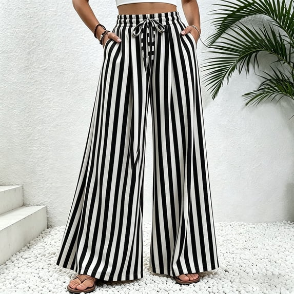 Endives Wide Leg Pants for Women Summer Striped Loose Straight Leg Elastic Waist Trousers with Pockets Vacation Outfits Flowy Pants for Women