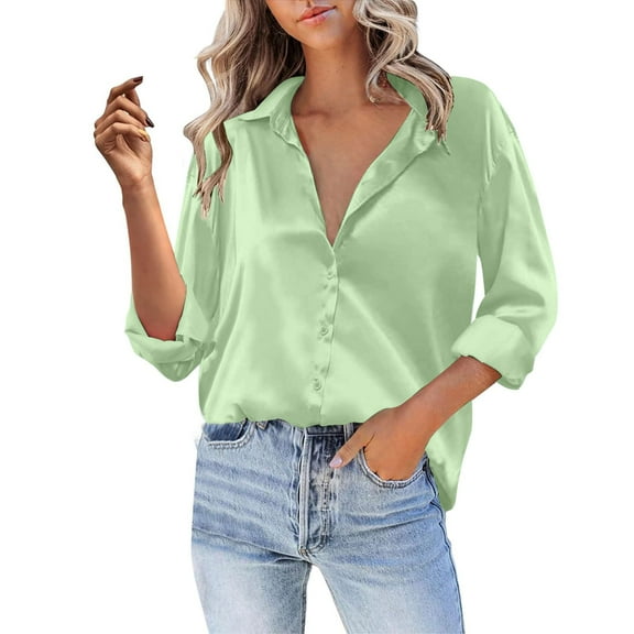 Endives Women Satin Button Down Shirt Casual Long Sleeve V Neck Blouse Loose Business Work Tunic Tops