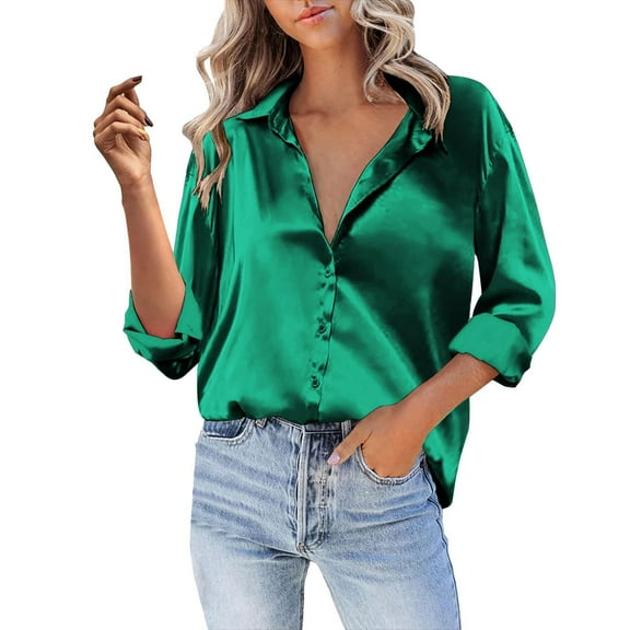 Endives Women Satin Button Down Shirt Casual Long Sleeve V Neck Blouse Loose Business Work Tunic Tops