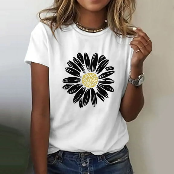 Endives Women Sunflower Summer Short Sleeve T Shirt Plus Size Loose Blouse Tops Graphic Casual Tees