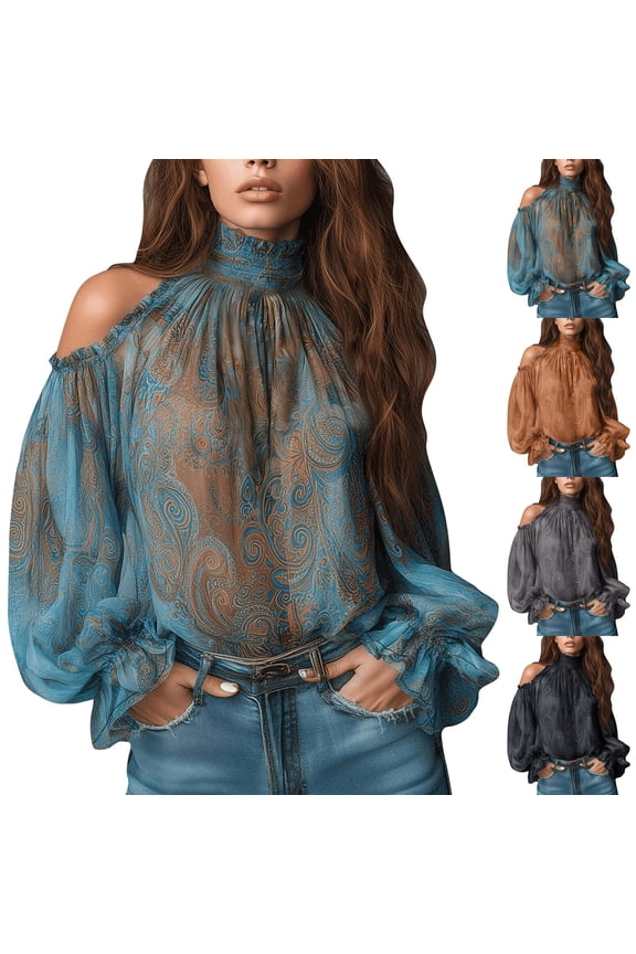 Women's Blouse Cold Shoulder High Neck Puff Sleeves Bohemia Staly Shirt Long Sleeve Chiffon Shirt For Women Boho Top for Women Summer Beach Vacation Clothes Sky Blue M