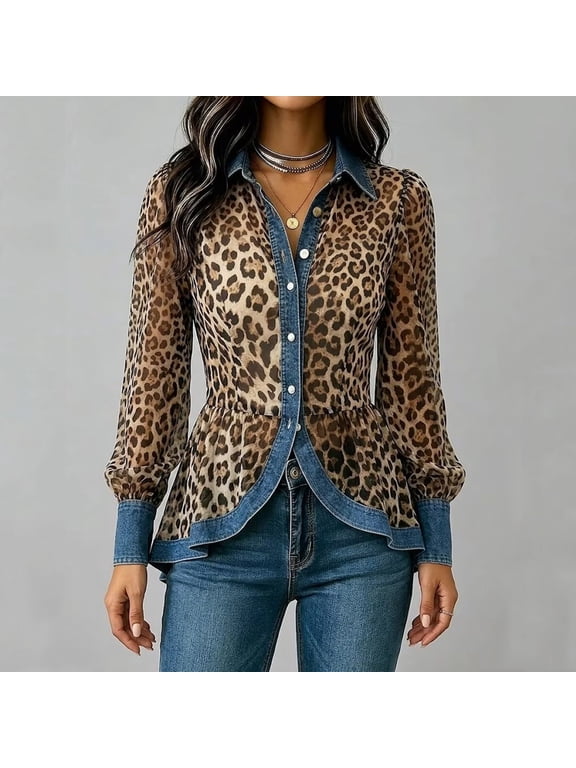 Women's Blouse Leopard Print Denim Trim Ladies Blouse Button Down Shirt Irregular Shirt Streetwear Shirts for Women Hot Sale