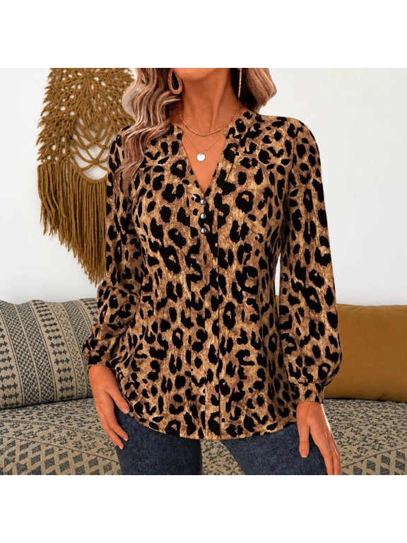 Women's Blouse Leopard Print Long Sleeve Blouse Loose Casual Top with Button Detail XXL