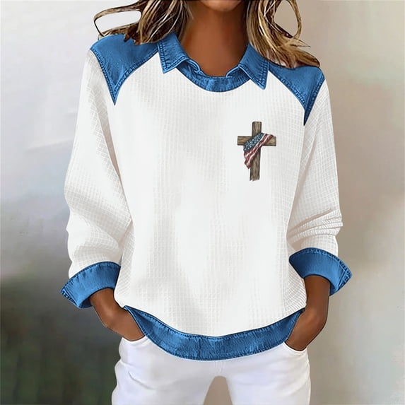 Endives Women's Blouse Long Sleeve Shirt Sweatshirt Casual Lapel Denim Stitching Pullover Sweatshirt Womens Tops