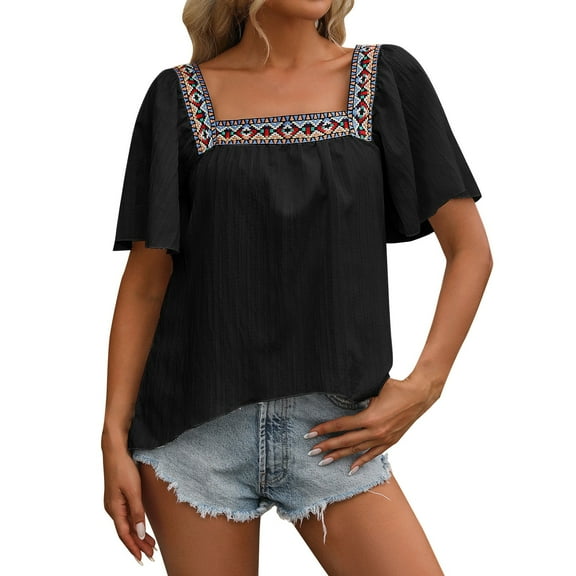 Endives Women's Boho Short Butterfly Sleeve Top Square Neck Top