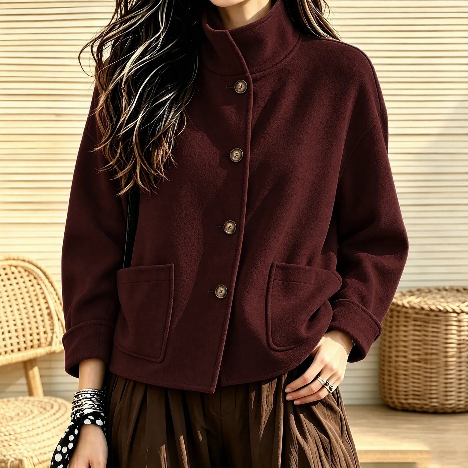 Endives Women's Bomber Jacket Stand Collar Button Front Short Jacket ...