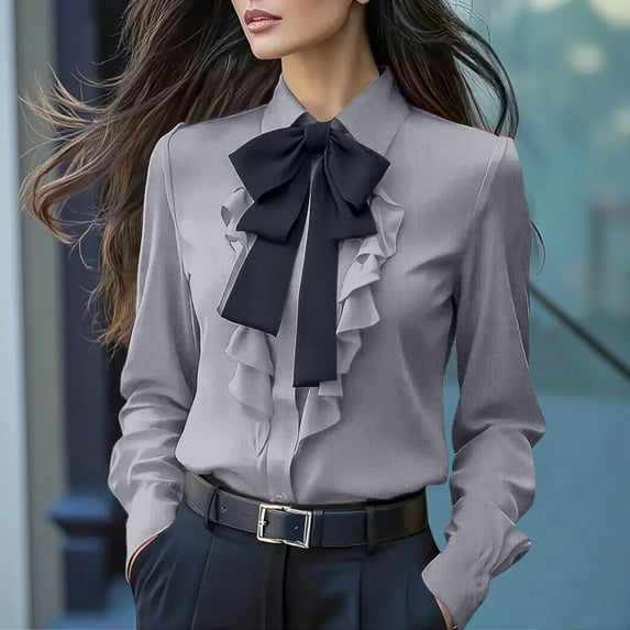 Endives Women's Bow Tie Neck Blouse Long Sleeve Work Shirt Dressy Womens Tops Fall