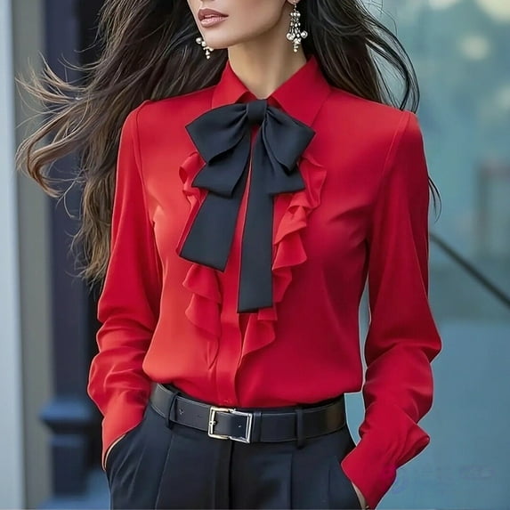 Endives Women's Bow Tie Neck Blouse Long Sleeve Work Shirt Dressy Womens Tops Fall