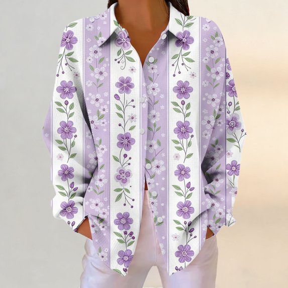 Endives Women's Button Down Shirt Floral Print Relaxed Fit Long Sleeved Shirt Outerwear Spring Summer Outfit Purple