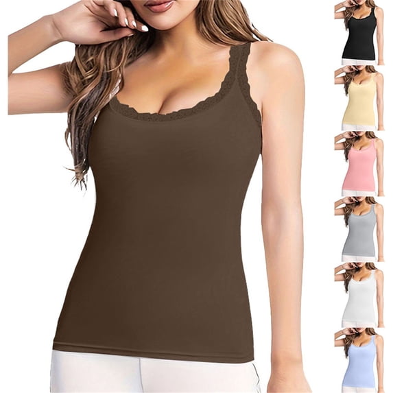 Endives Women's Camisole Top Lace Trim Sleeveless Tank Top Base Layer Daily Wear Inner Wear Coffee