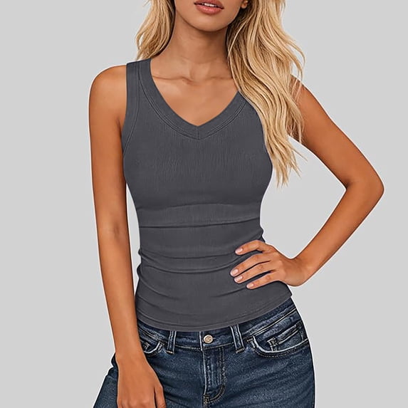 Endives Women's Camisole Tops Summer Ribbed Slim Fit V Neck Vest Top Basic Knitted Casual Tank Top Dark Gray