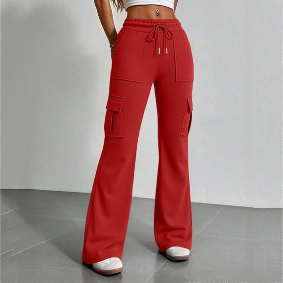 Endives Women's Cargo Pants High Waist Flare Pants Casual Trousers with Multi Pockets Elastic Drawstring Waist Solid Color Work Pants for Women