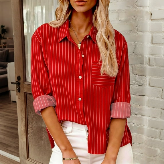 Endives Women's Casual Button Down Shirt Long Sleeve Shirt Stripe Wrinkle Collared Dressy Blouses Casual Work Tops