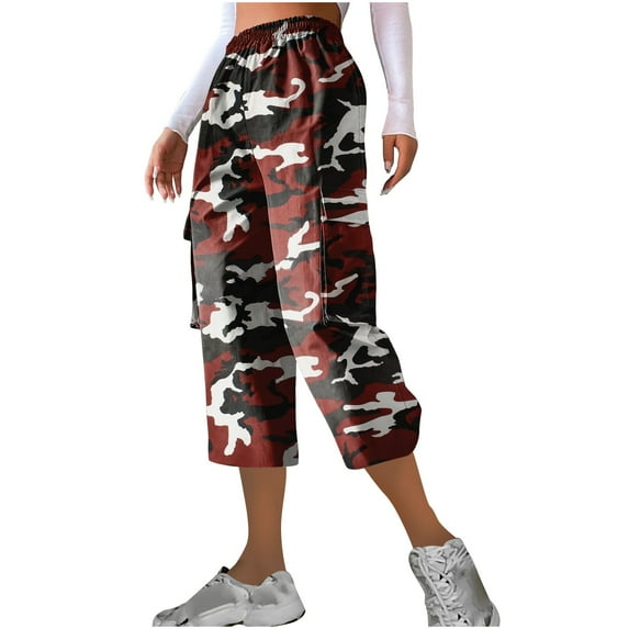 Endives Women's Casual Camouflage Print Cargo Pants Stretch Elastic Waist Tapered Pants With Pockets