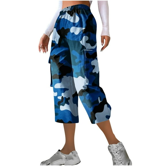 Endives Women's Casual Camouflage Print Cargo Pants Stretch Elastic Waist Tapered Pants With Pockets