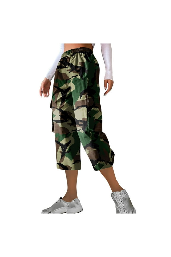 Women's Casual Camouflage Print Cargo Pants Stretch Elastic Waist Tapered Pants With Pockets