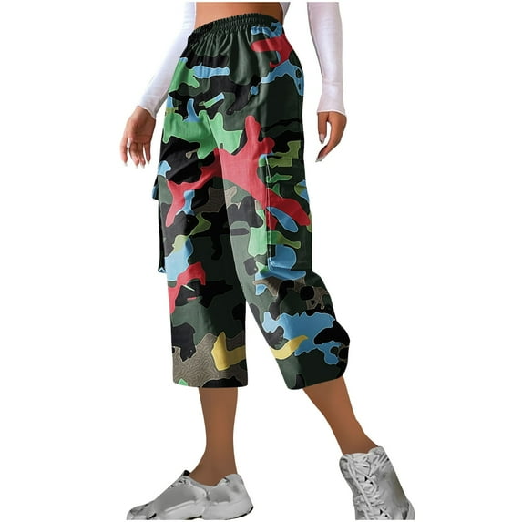 Endives Women's Casual Camouflage Print Cargo Pants Stretch Elastic Waist Tapered Pants With Pockets